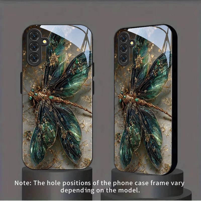 Gilded Emerald Dragonfly Pattern Glass Phone Case Suitable for Samsung Galaxy S26 S25 S24 S22 S21 S20 FE/Ultra/Plus Anti Drop