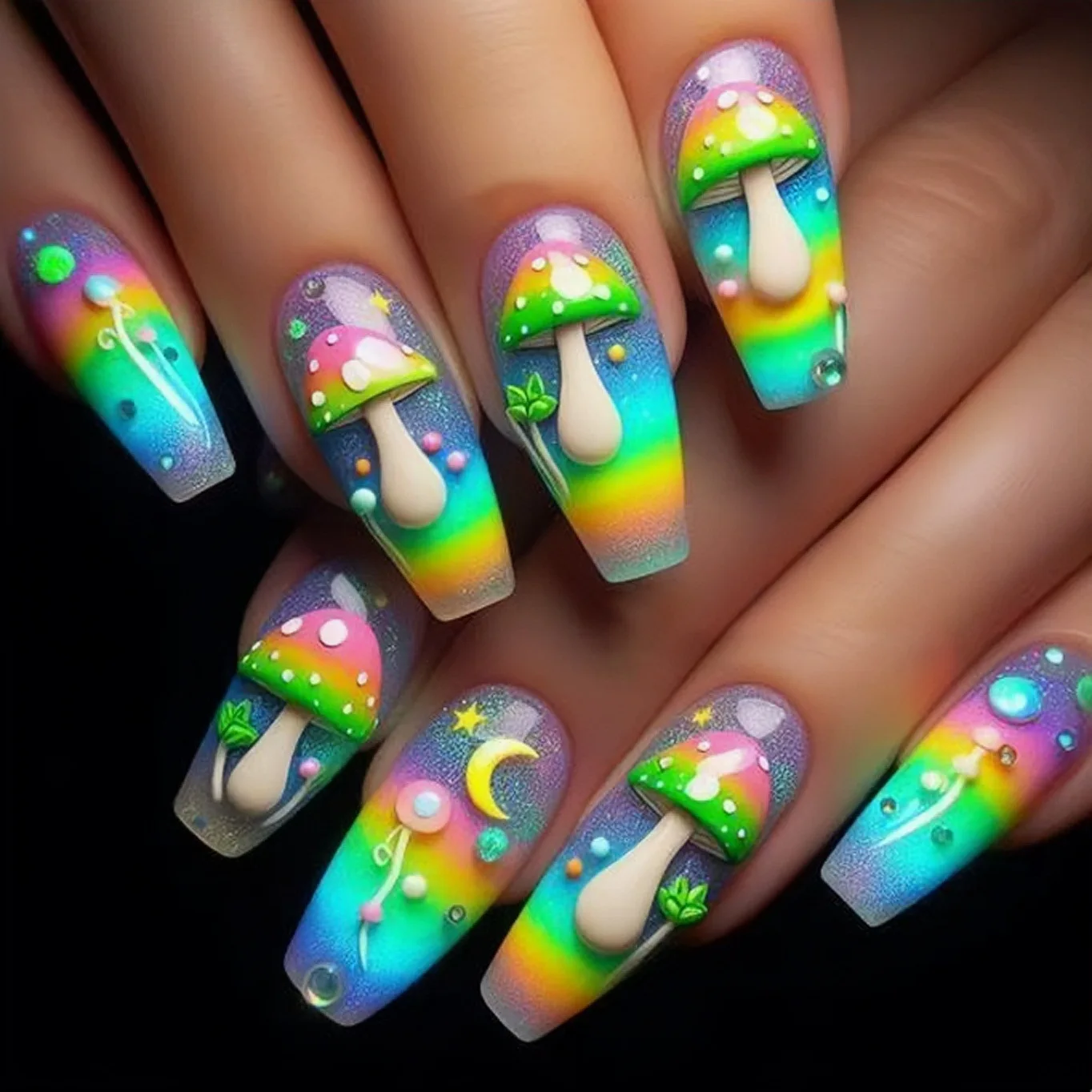 Faux ongles mi-longs pour femmes et filles, colorés, vert, violet, jaune, rouge, rose, imprimé champignon, forme ballerine, faux ongles à presser