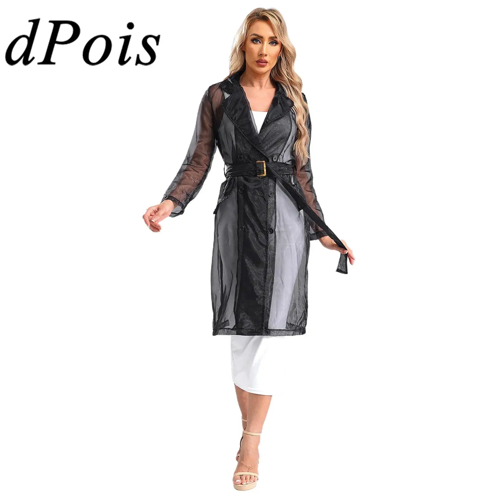 Womens See Through Organza Jackets Notch Lapel Evening Capes Long Sleeve Breasted Button Mesh Coat with Removable Belt