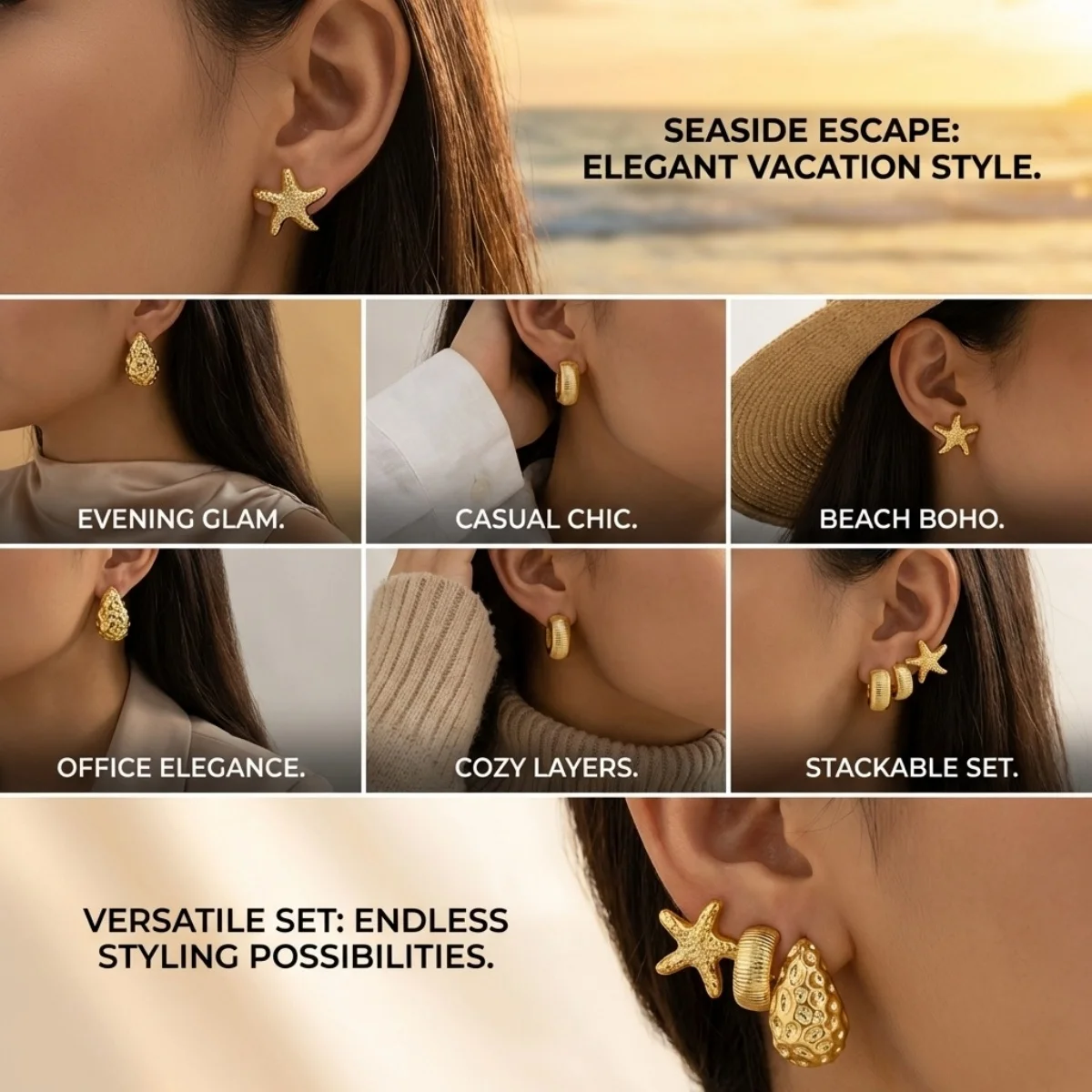 Bohemian Seestern Lava Wassertropfen CCB Ohrstecker-Set für Damen und Herren Muschel C-förmige Ohrringe Sommerurlaub Party Schmuck – Detail 3