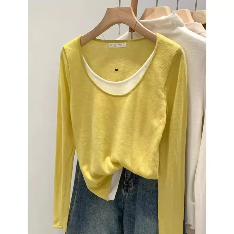 

Модная трикотажная базовая рубашка с длинными рукавами в стиле колор-блок для женщин, осенне-зимний и весенний новый стиль, внутренняя одежда, модный базовый топ