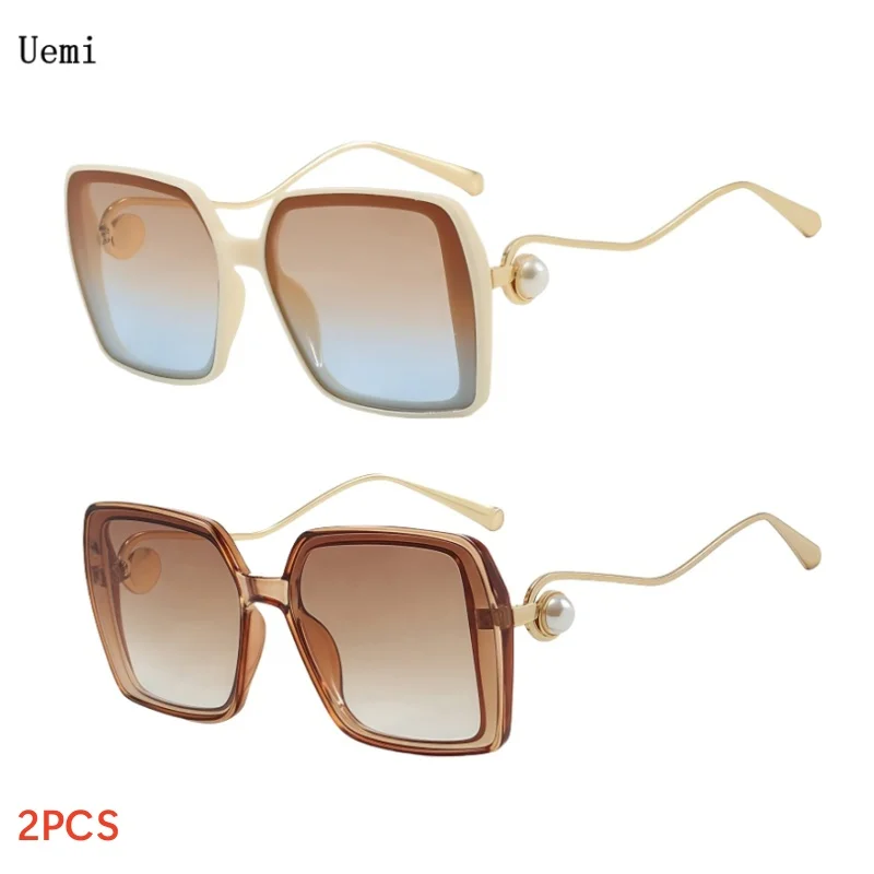 

2PCS Fashion Big Square Sunglasses For Women Men Retro Luxury Pearl Decoration Oversized Sun Glasses Anti UV400 Eyewear