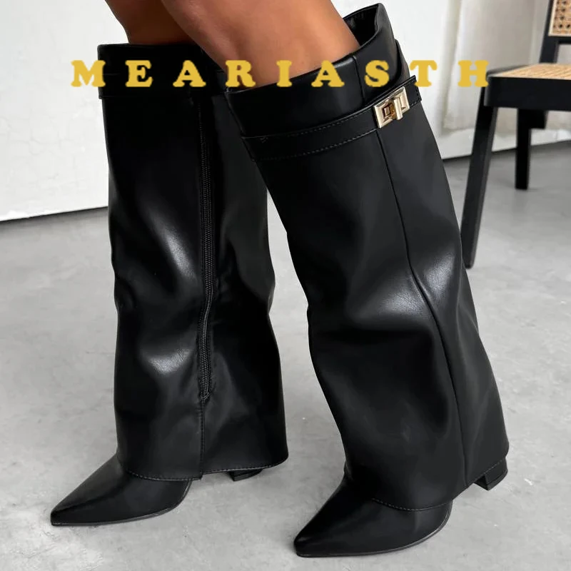 

Женские сапоги до колена с прямым носком и металлической пряжкой, кожаные сапоги на молнии большого размера на квадратном каблуке, модная женская обувь