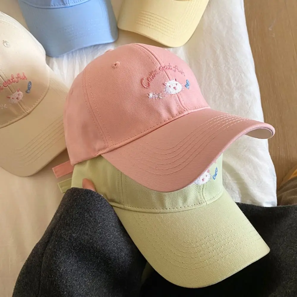 

Fashion Embroidery Cat Cartoon Baseball Cap Sunscreen Casual Sunshade Hat Soft Japanese Style Peaked Cap Students