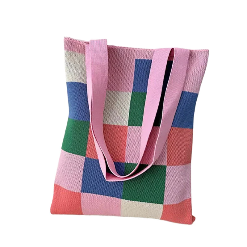 Large Capacity Knit Handbag Women Fashion Shoulder-bag Casual Color Wide Stripe Plaid Tote Bag Student Reusable Shopping Bag