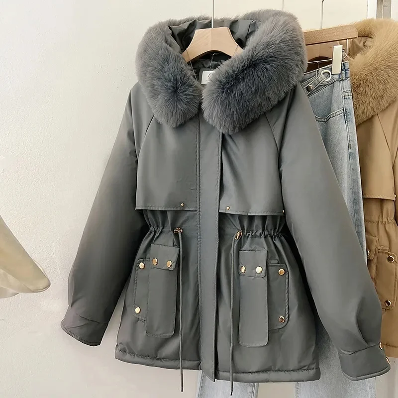 Women Parka Fashion Long Coat Wool Liner Hooded Parkas 2024 New Winter Jacket Slim with Fur Collar Warm Snow Wear Padded Clothes