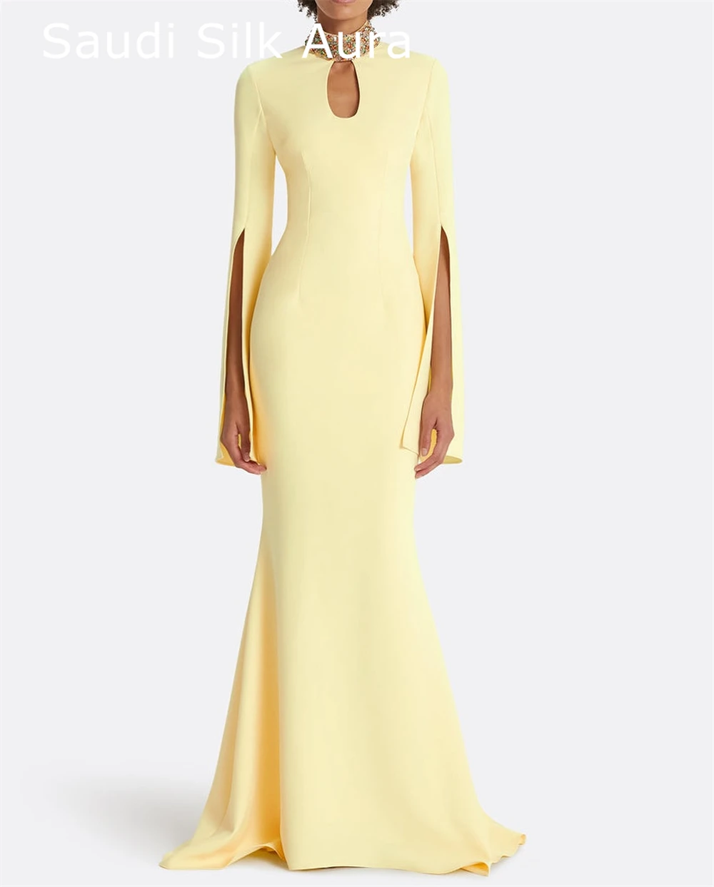 Aangepaste klassieke gele jersey avondjurk mode ronde hals lange mouwen feestjurk delicate rechte beroemdheidsjurken