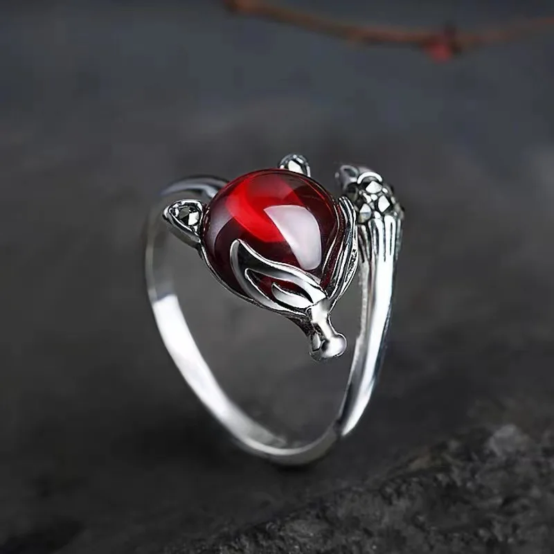 PANJBJ 925 Sterling Silve Animal Fox Ring for Women Girl Gift Garnet Zircon Animal Irregular Vintage Jewelry Dropshipping