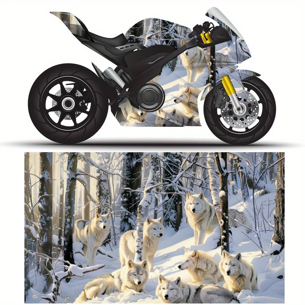 

Hyper - Realistic Snow Wolf Pack PVC Motorcycle Vinyl Wrap, Self-Adhesive Waterproof Sticker, Anti-Scratch Decorative Film for B