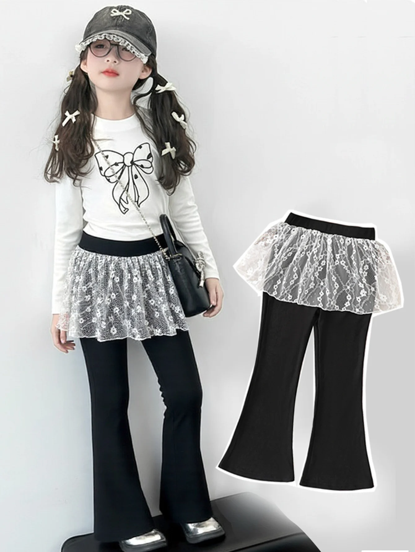 Pantalon évasé pour filles avec dentelle, 3-10 ans, en tissu côtelé confortable, printemps-automne, 