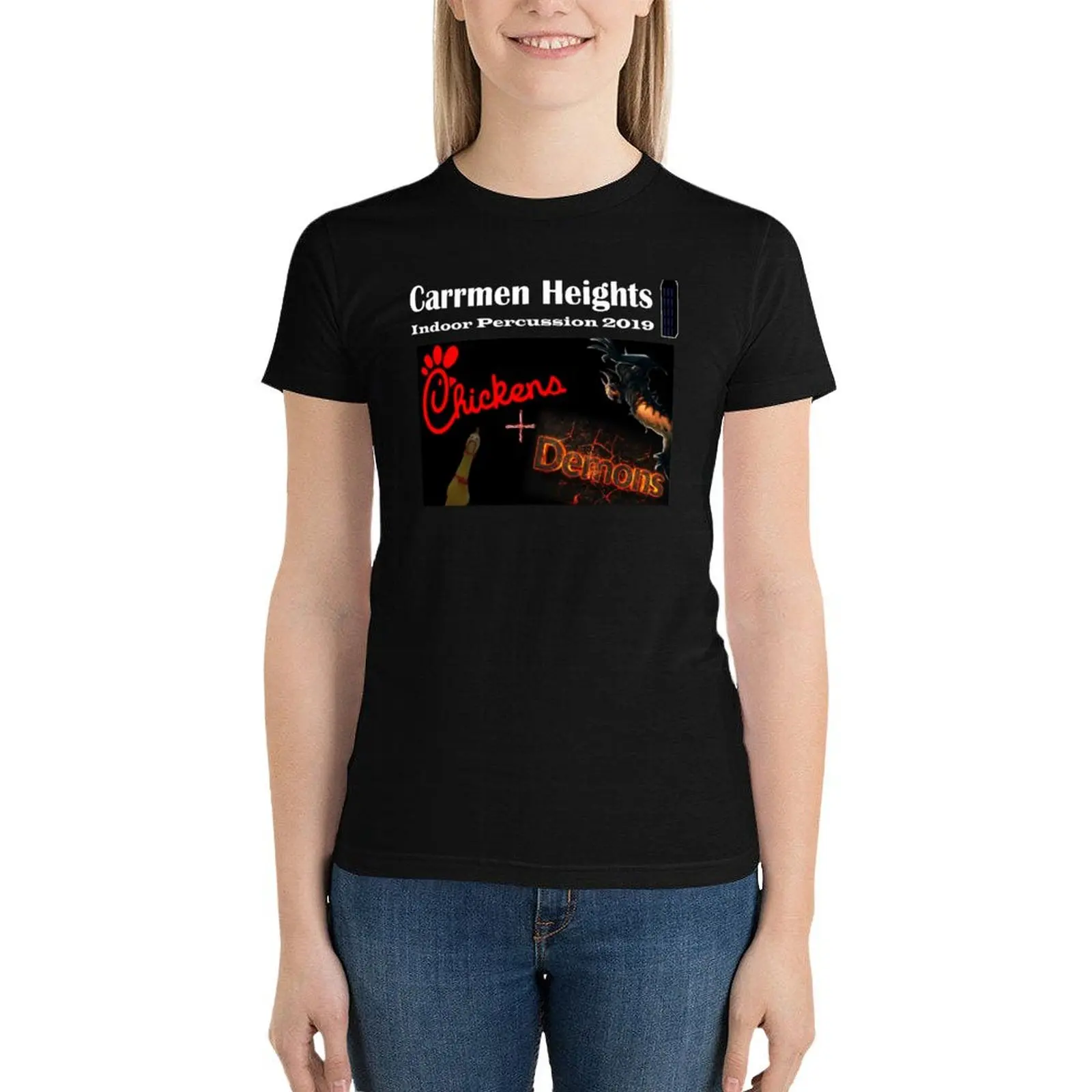 

Chickens and Demons Carrmen Heights Indoor Percussion 2019 T-Shirt Short sleeve tee vintage clothes Women's cotton t-shirt