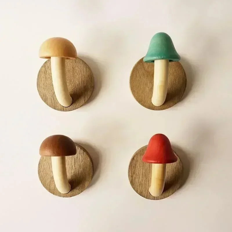 New Hanging Shelves Wooden Mushroom Clothes Hat Hook Bathroom Hanger Self-adhesive Wall Decoration Finishing Home Storage Hook