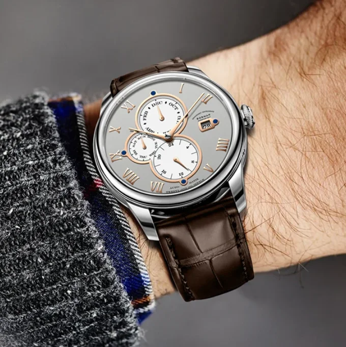 BORMAN Men Automatic Watch 41mm Mechanical Wristwatch Waterproof Sapphire Multi-Dial Month Week Date 24 Hour