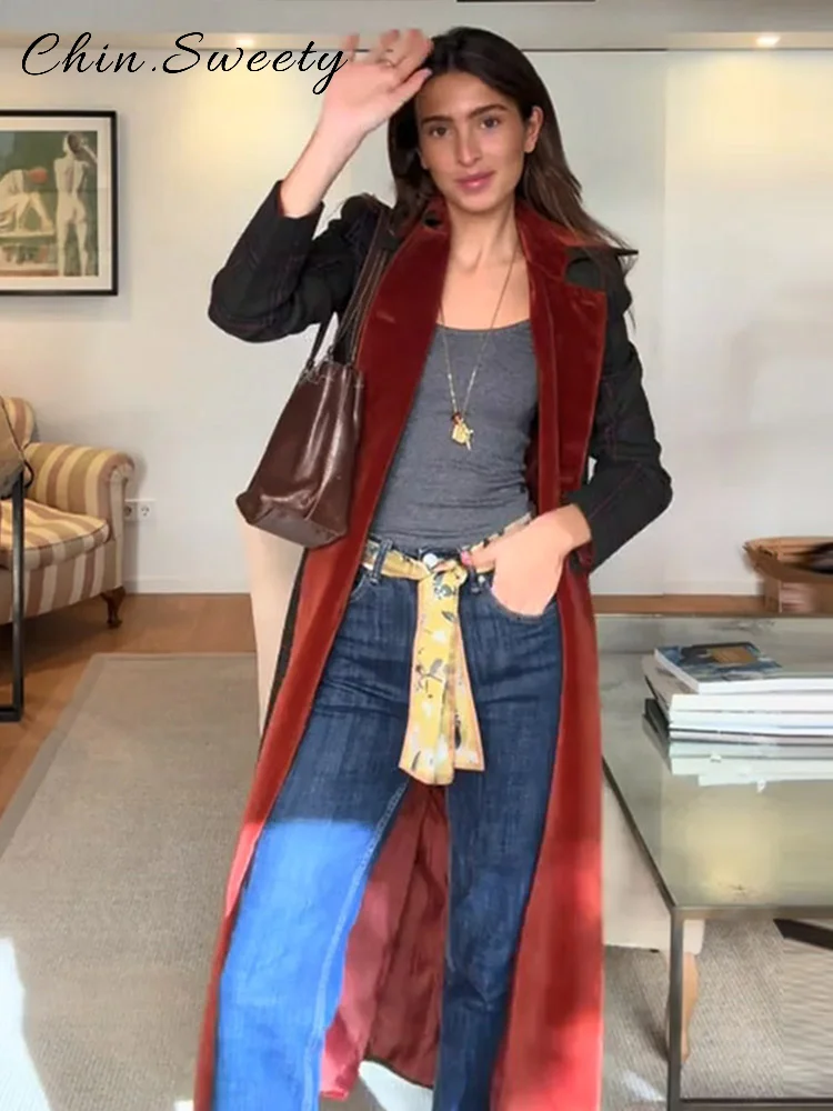 Elegancki płaszcz trencz w kontrastowe kraty damski z klapami, długie rękawy, jednorzędowy, z kieszeniami, wierzchni płaszcz na wiosnę 2026, odzież wierzchnia damska.