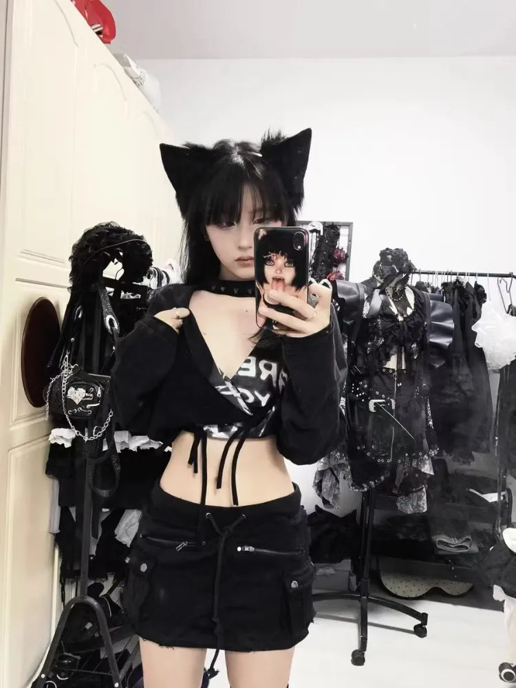 

Women's Subculture Y2k Letter Print Cardigan Jacket Women's American Retro Black Punk Street Style