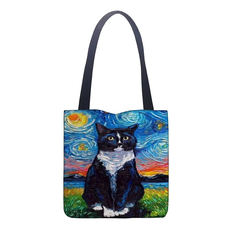 Van Gogh Starry Sky Cat Tote Bag Girls Pacakge Hand Bag Women Eco Reusable Shoulder Shopper Bags Shopping Bag