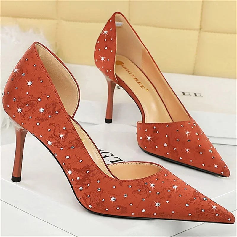 

Women 8cm Thin High Heels Shallow Pumps Lady Pointed Toe Silk Side Hollow Middle Low Heels Crystal Luxury Brand White Shoes