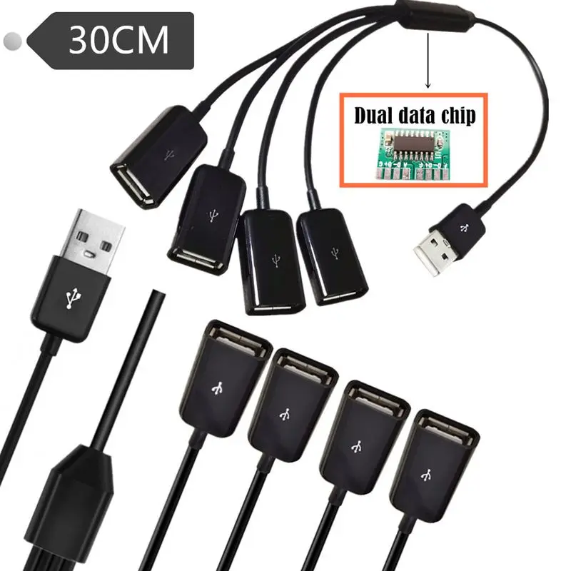 30cm USB 2.0 A Male to 2/3/4 USB A Female Y-Shaped Splitter Hub With Chip For Simultaneous Data Transmission And Charging Cable