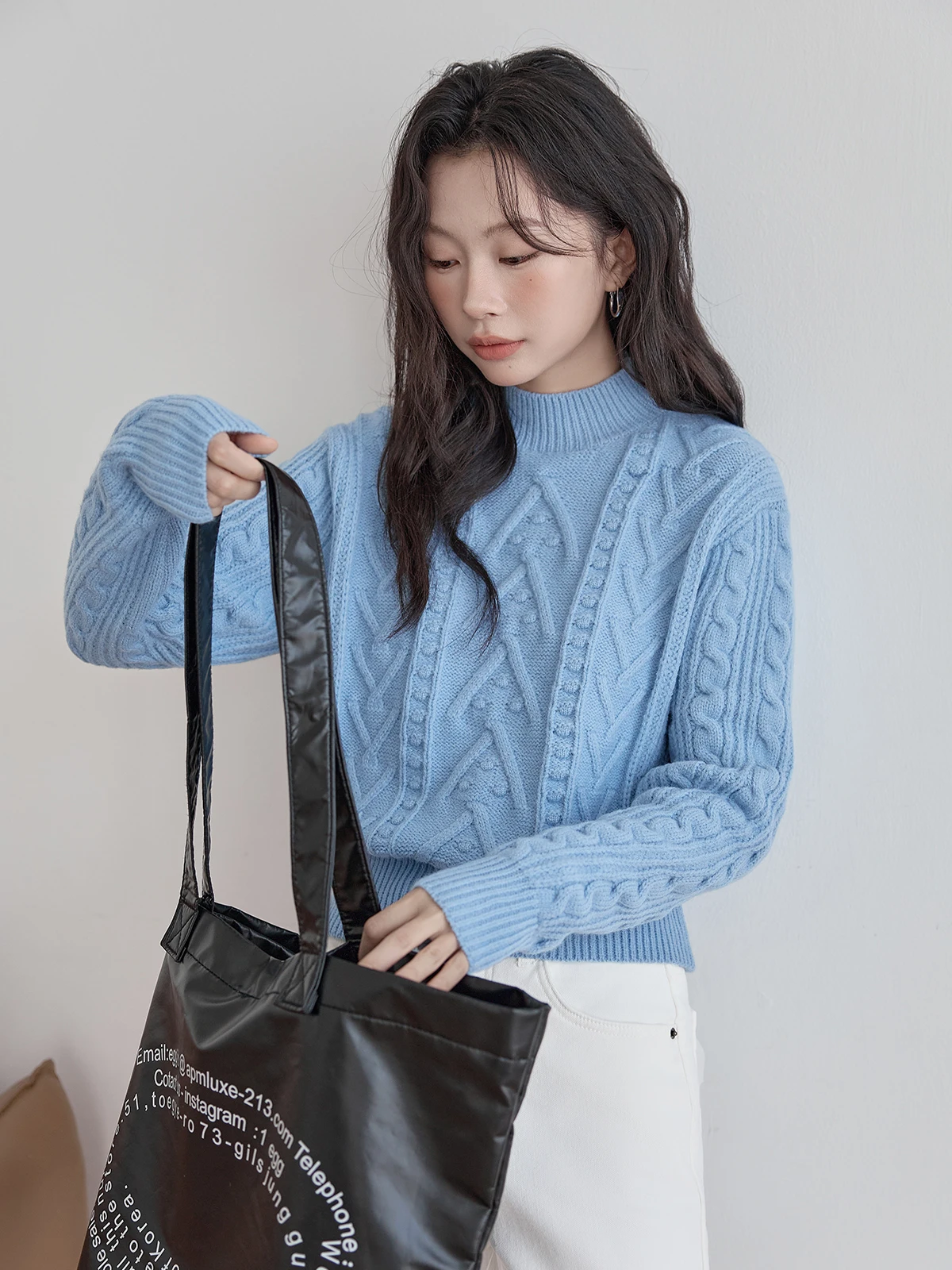 

Синий вязаный свитер женский, мягкий, уютный, с узором косы, осенне-зимний, новый, модный, для повседневной носки, с длинным рукавом, с высоким воротником, топ