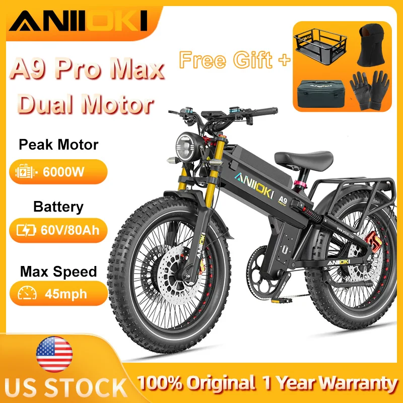

Электровелосипед ANIIOKI A9 Pro Max с двумя моторами 6000 Вт, аккумулятором 60В 80Ач, увеличенным запасом хода, шинами 26"*4.8" и воздушной амортизационной вилкой, скорость до 45 миль/ч