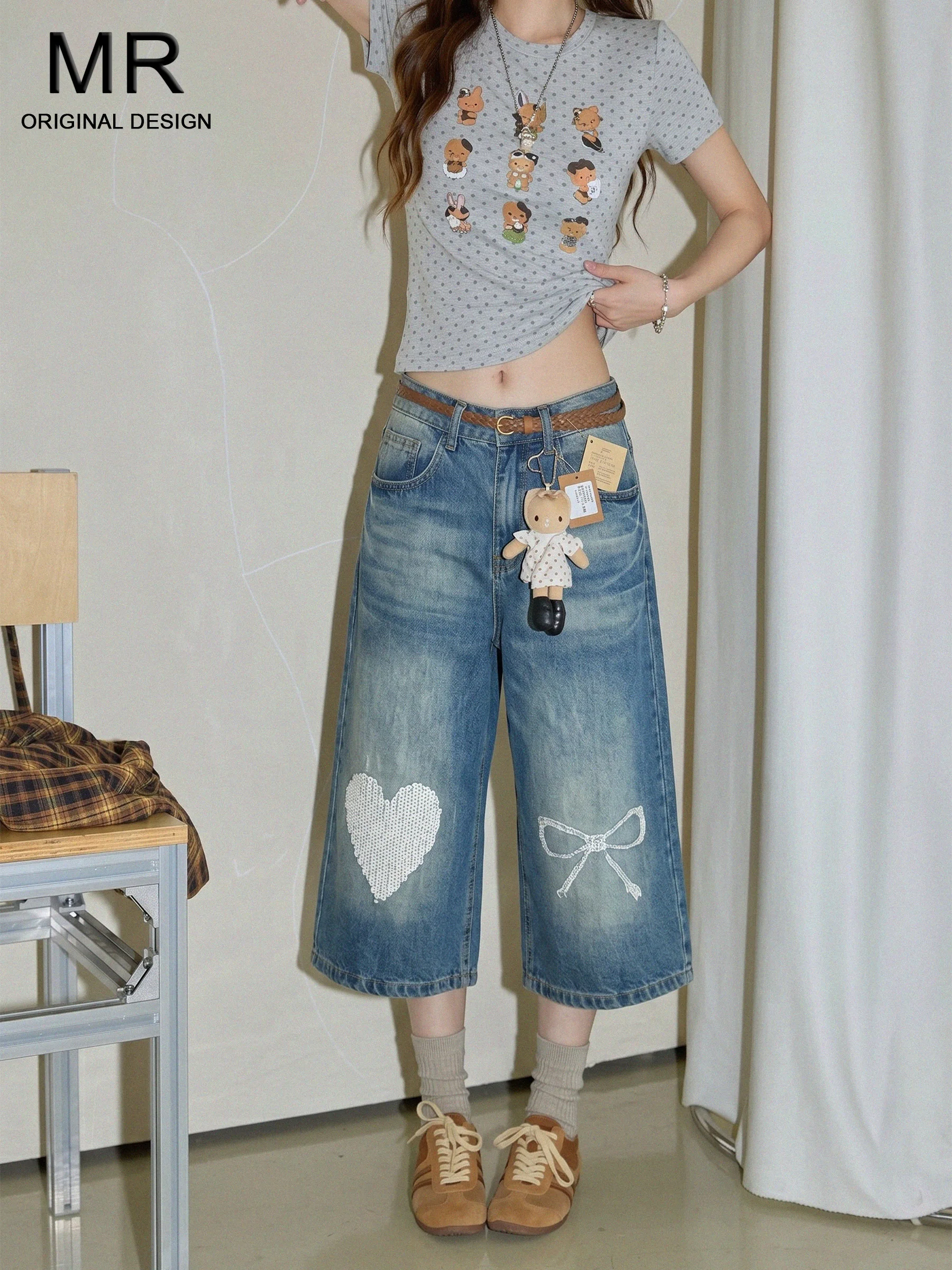

Blue American Retro Heart Seven-Five Denim Pants Women's New 2026 Summer Knot Embroidery Wide Leg Mid-Pants