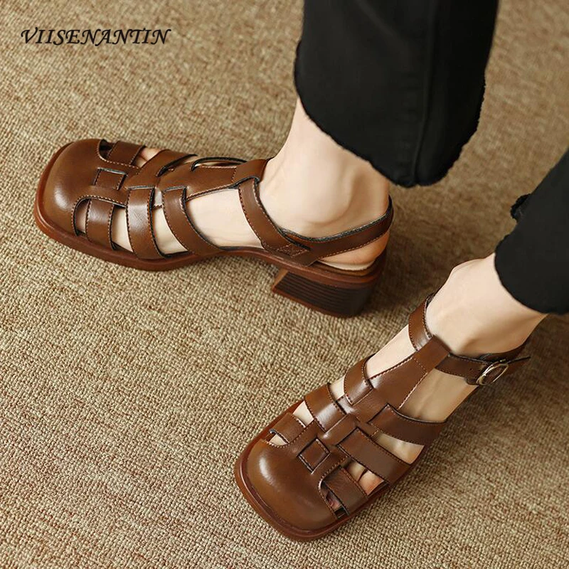 

Retro Style Hollow Closed Toe Gladiator Sandals Women 2024 Summer New Weave Chunky Heel Buckle Strap Casual Gladiator Shoe Women