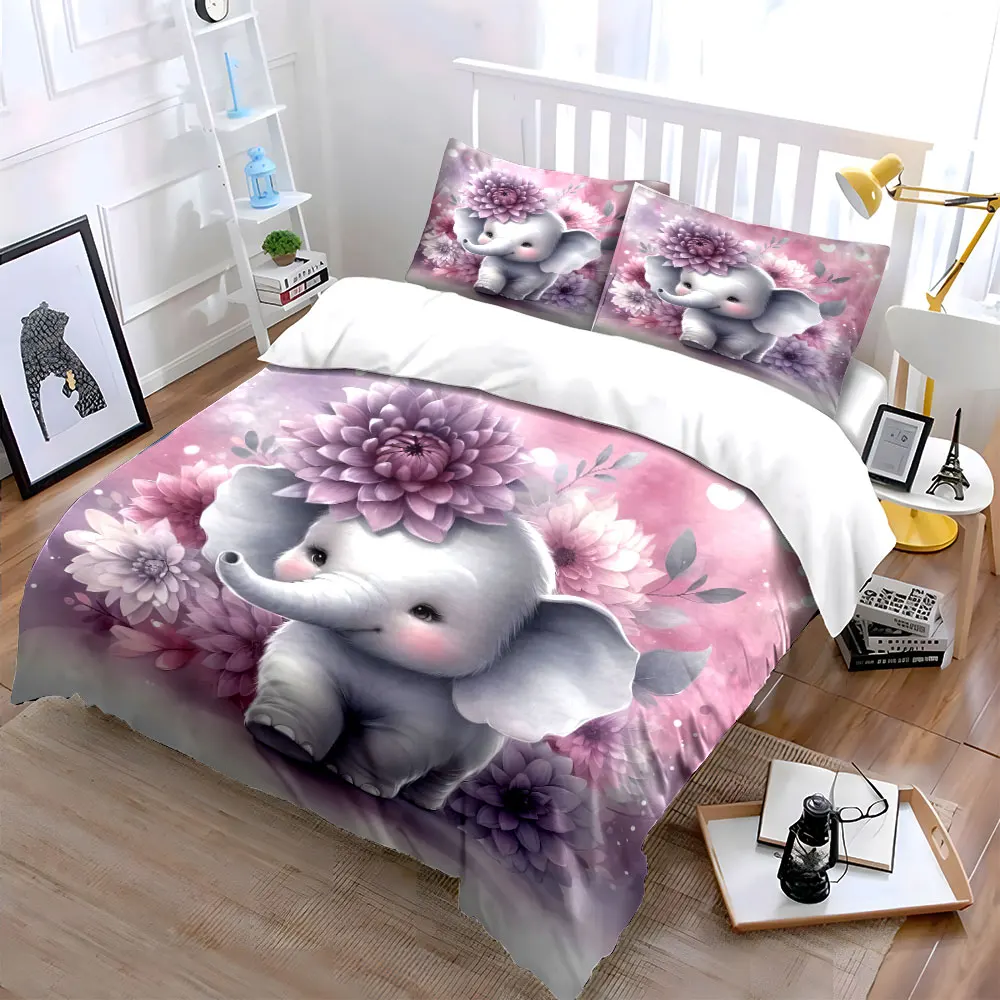 Cute elephant with pink-purple flowers Print Soft Comfortable Duvet Cover Bedding Set Included 1*Duvet Cover 2*Pillowcases