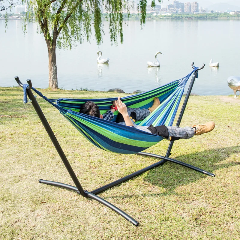 

Outdoor camping double hammock with bracket leisure home beach camping iron frame