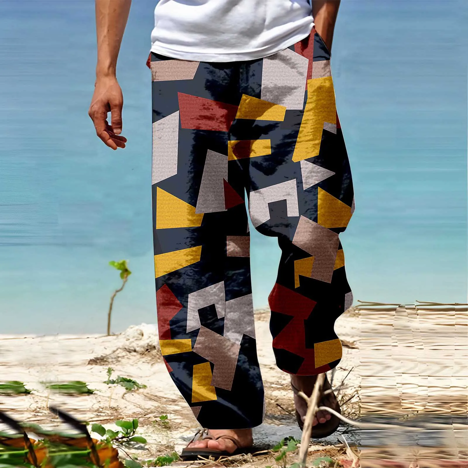 Men's Trousers Summer Pants Beach Pants Drawstring Elastic Waist 3D Print Stripe Graphic Prints Geometry Comfort Casual Daily