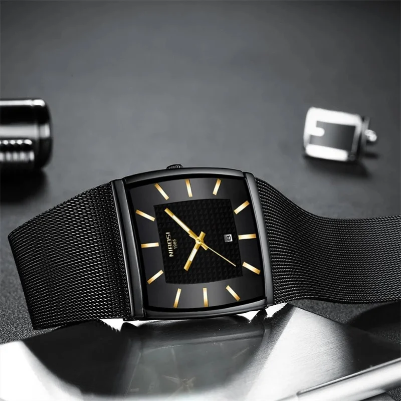 Nibosi ultra fino azul quadrado dos homens relógios de luxo da marca superior relógio de quartzo à prova dwaterproof água masculino relógio de pulso