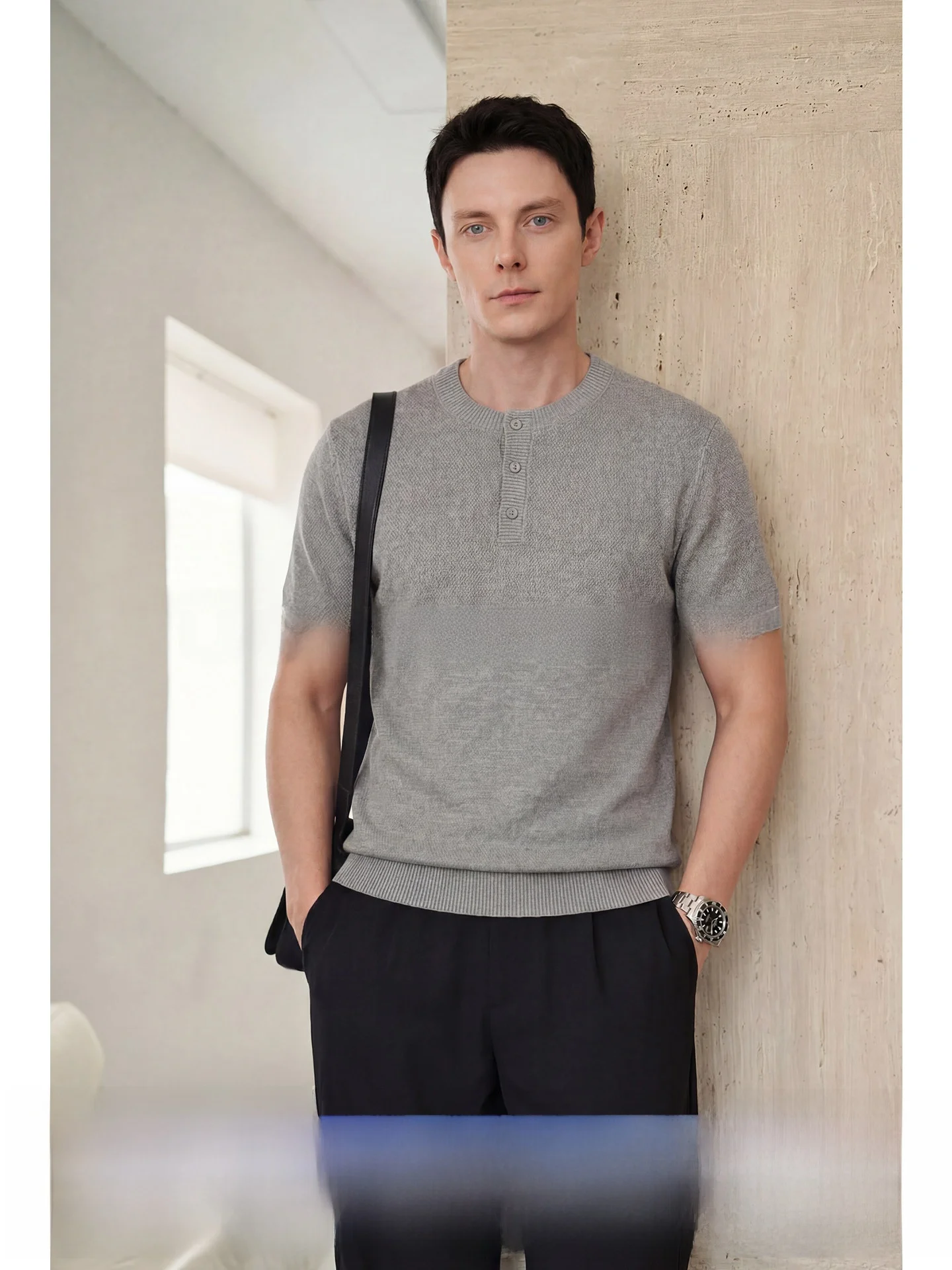 

American Casual Henry Collar Linen Knitted Short Sleeve Men's T-Shirt Summer Old Money Style Lyocell Silk Fashion Urban Business
