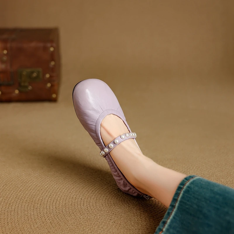 New women's pearl sheepskin spring and autumn round toe soft and comfortable ballet low heeled Mary Jane shoes single shoe