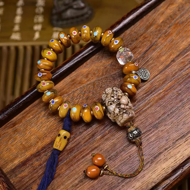 Yak Bone Multi-Piece Inlaid Medicine Tablet , Single-Loop Tibetan Ethnic Style Buddhist Bead Bracelet