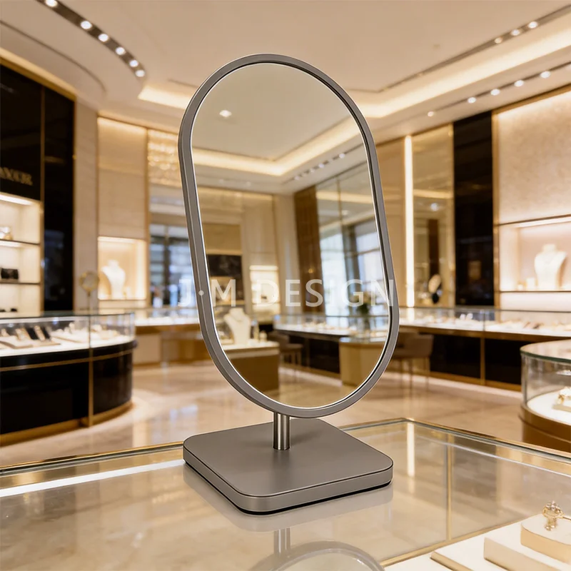 Modern Gray High Definition Luxury Tabletop Jewelry Mirror Stainless Steel Stand Design for Jewelry Store Display Counter Shop