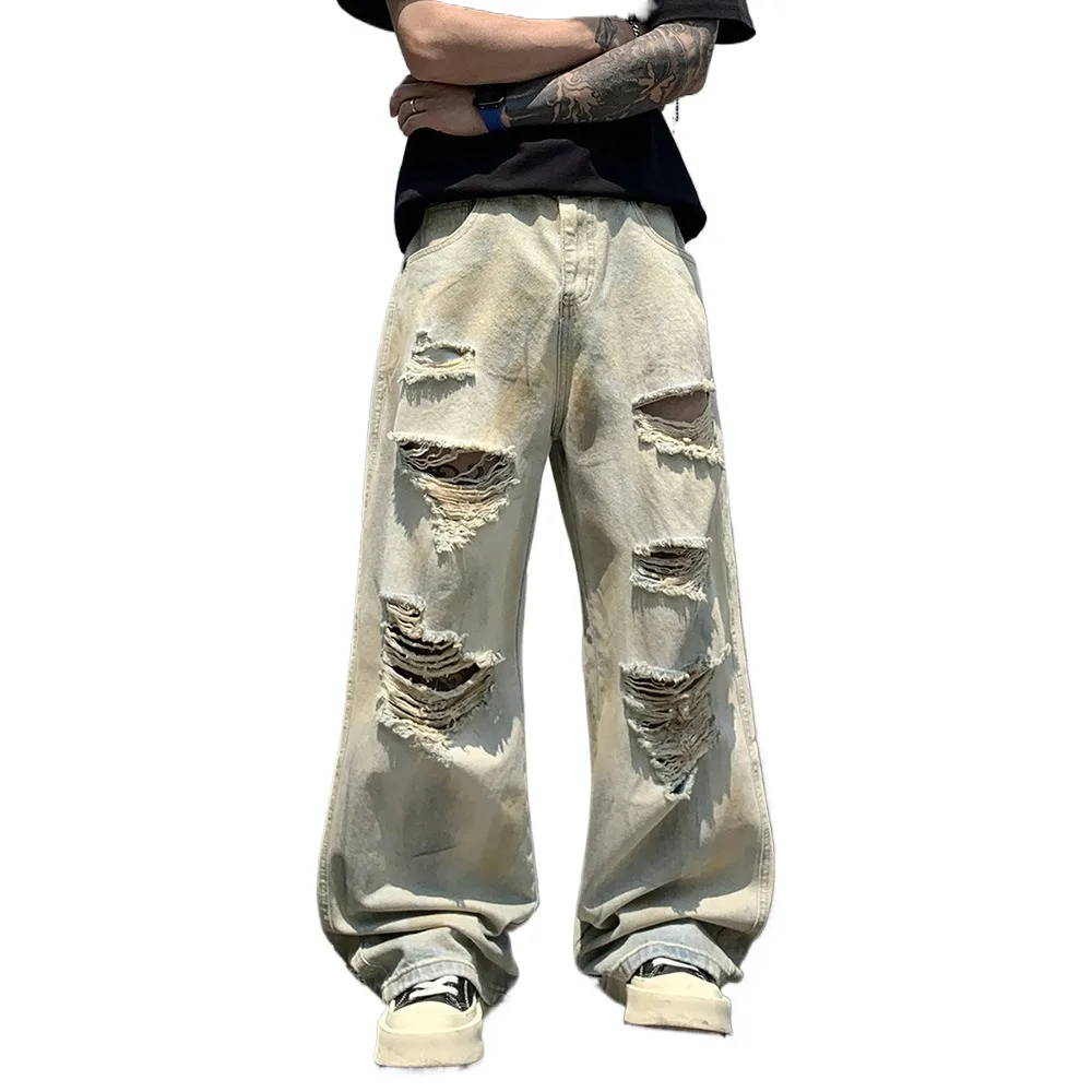 

Men's High Street Destroyed Jeans Pants Streetwear Loose Fit Vibe Style Y2K Denim Trousers Washed Vintage Ripped Jeans Holes