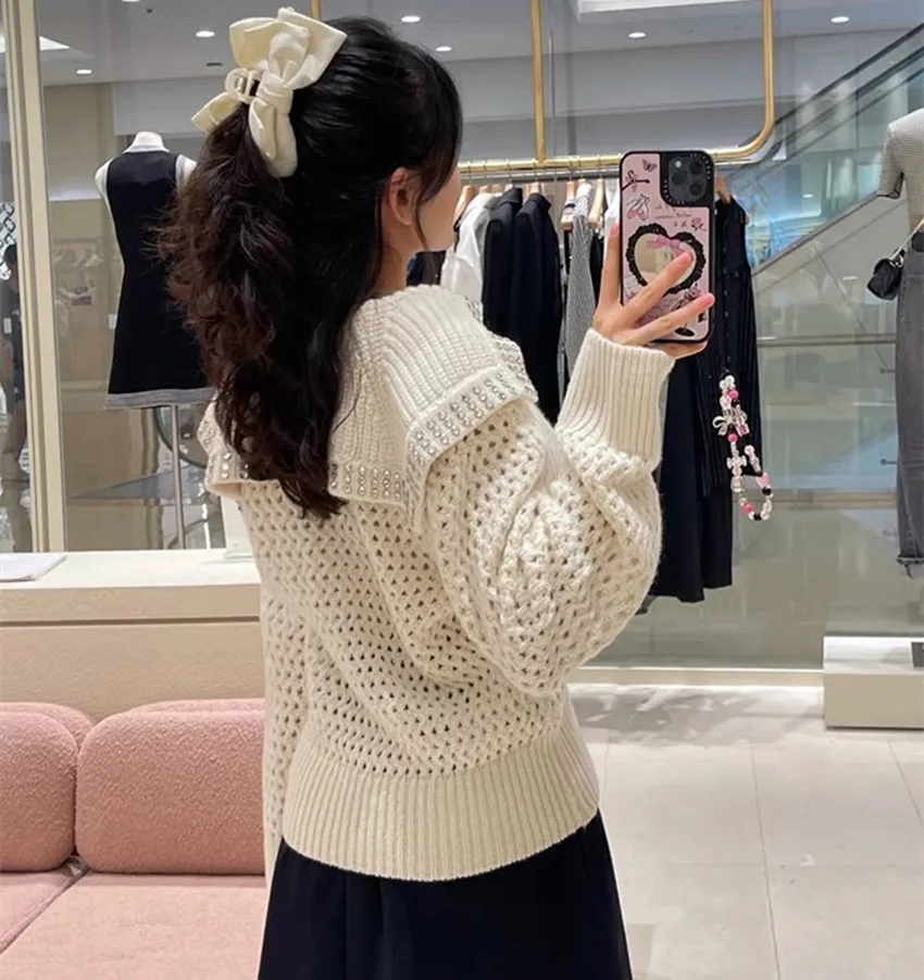 French Vintage Lazy Style Women Sailor Collar Knitting Thick Sweater Fashion Autumn Winter Diamonds Hollow Out Loose Pullovers