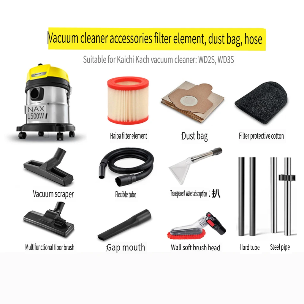 Vacuum Cleaner Accessories for Kärcher WD2 WD3 Series - HEPA Filter Dust Bags Hose Nozzle Brush Floor Tool Kit