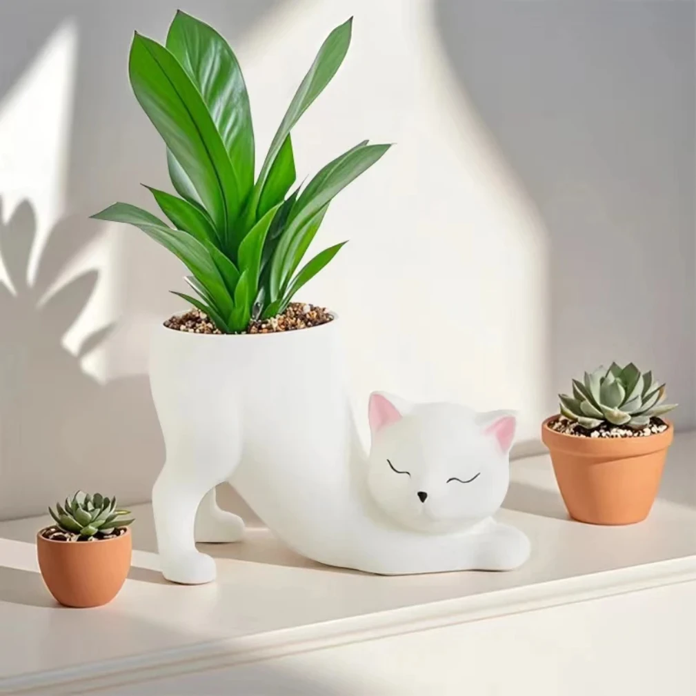 Cartoon Cute Cat Tail Flower Pot Creative Succulent Plant Pottery Desktop Ornament for Friend Birthday Gift