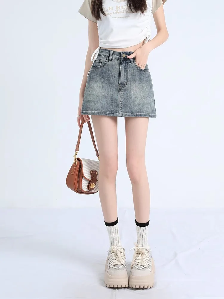 High Waist Denim  Skirt Women's Sexy Vintage American Style Prevent Exposure Half-length Skirts Spring Summer Cotton Poly...