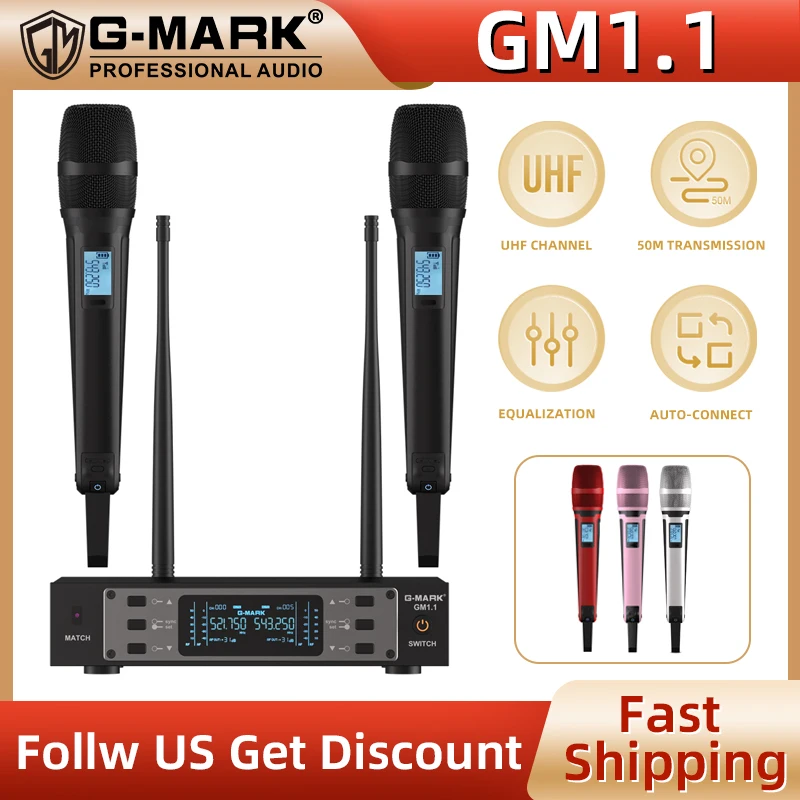 

G-MARK GM1.1 Wireless Microphone 2 Channels UHF Frequency Adjustable Handheld Mic Micphone For Karaoke Professional Church Show