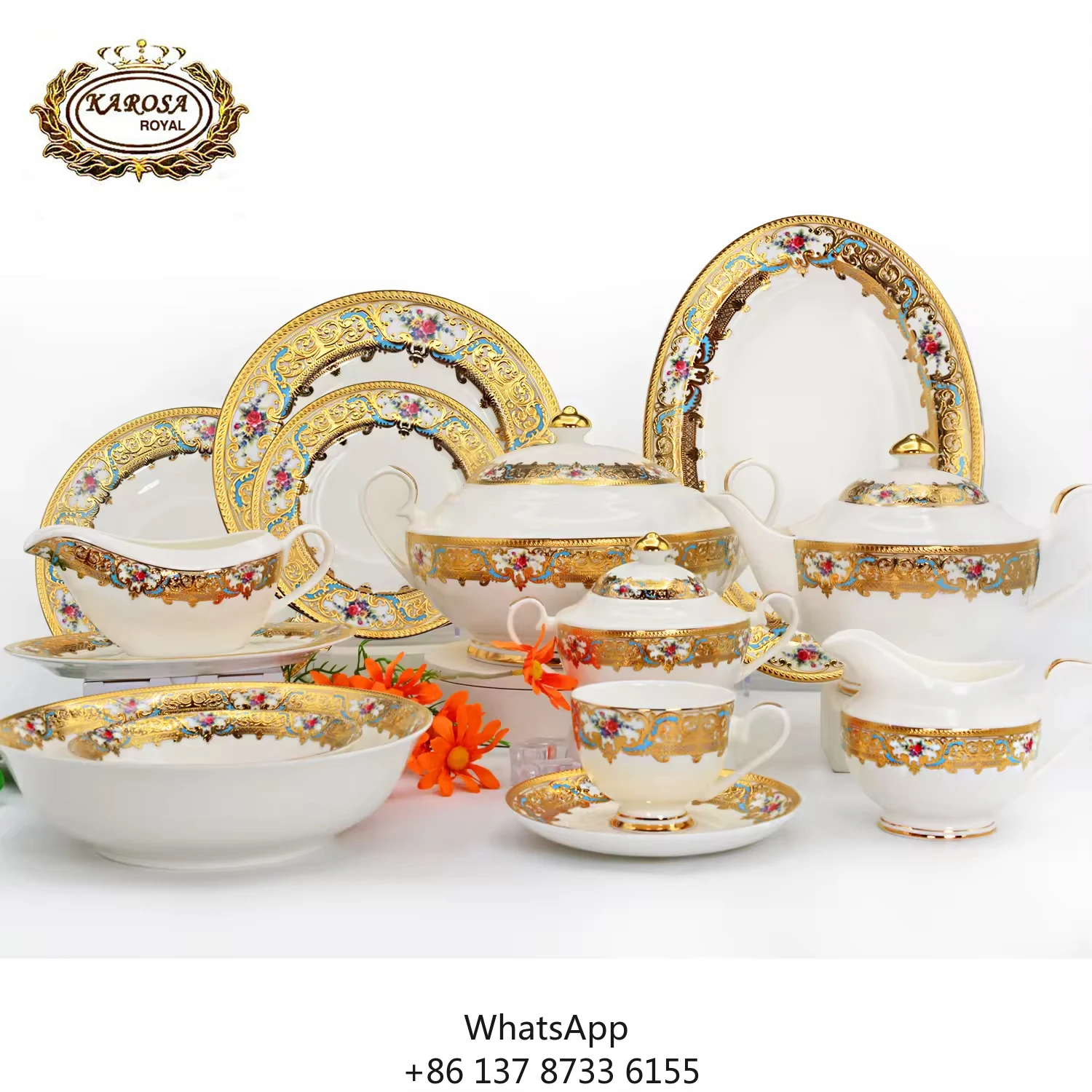 

98PCS Embossed Real Gold Porcelain Luxury Royal Style Welding Bone China Dinnerware Tableware Dinner Set