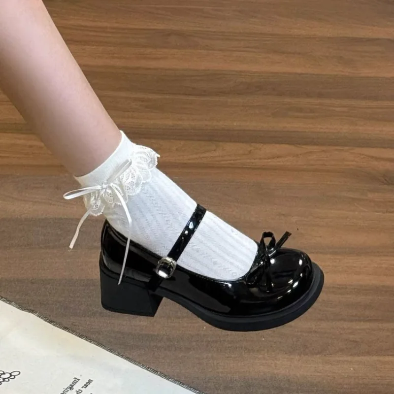 Women Bow One Strap Buckle Low-Cut Platform Block Heel Mary Jane Shoes, Preppy JK Lolita Height Increasing Dress Heel Shoes