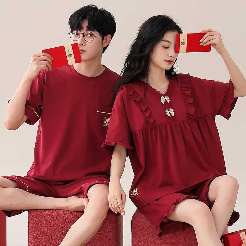 Couple Pajama Set Summer Short Sleeve Pyjamas Knited Cotton Men and Women Casual Sleepwear