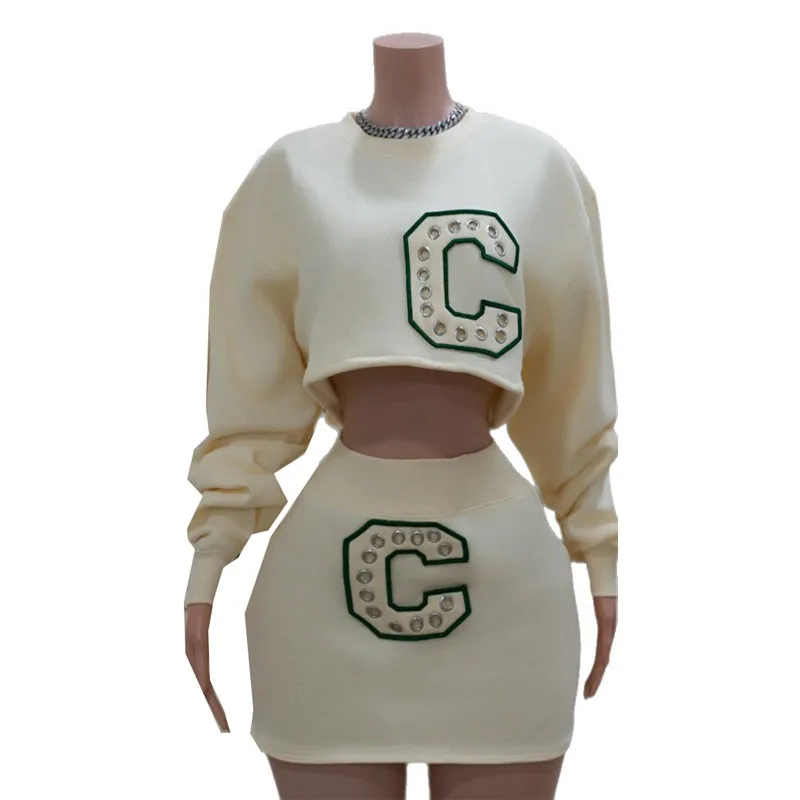 

STYLISH LADY Letter Embroidery Elegant 2 Piece Set Women Long Sleeve Crop Sweatshirt and Mini Skirt Suits 2025 Autumn OL Outfits