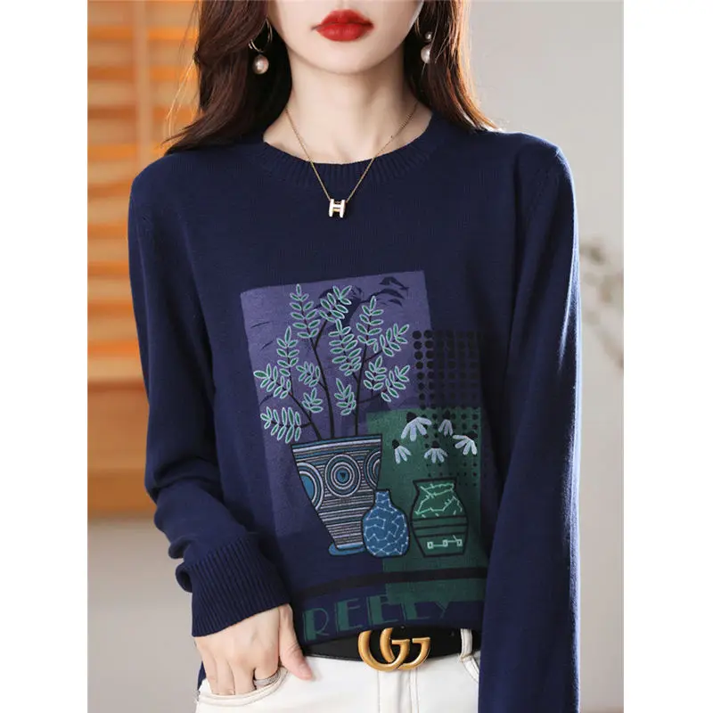 Temperament Autumn/Winter New Sweaters Pullovers Women\'s Clothing O-Neck Printing Fashion Casual Loose Long Sleeve Knitted Tops