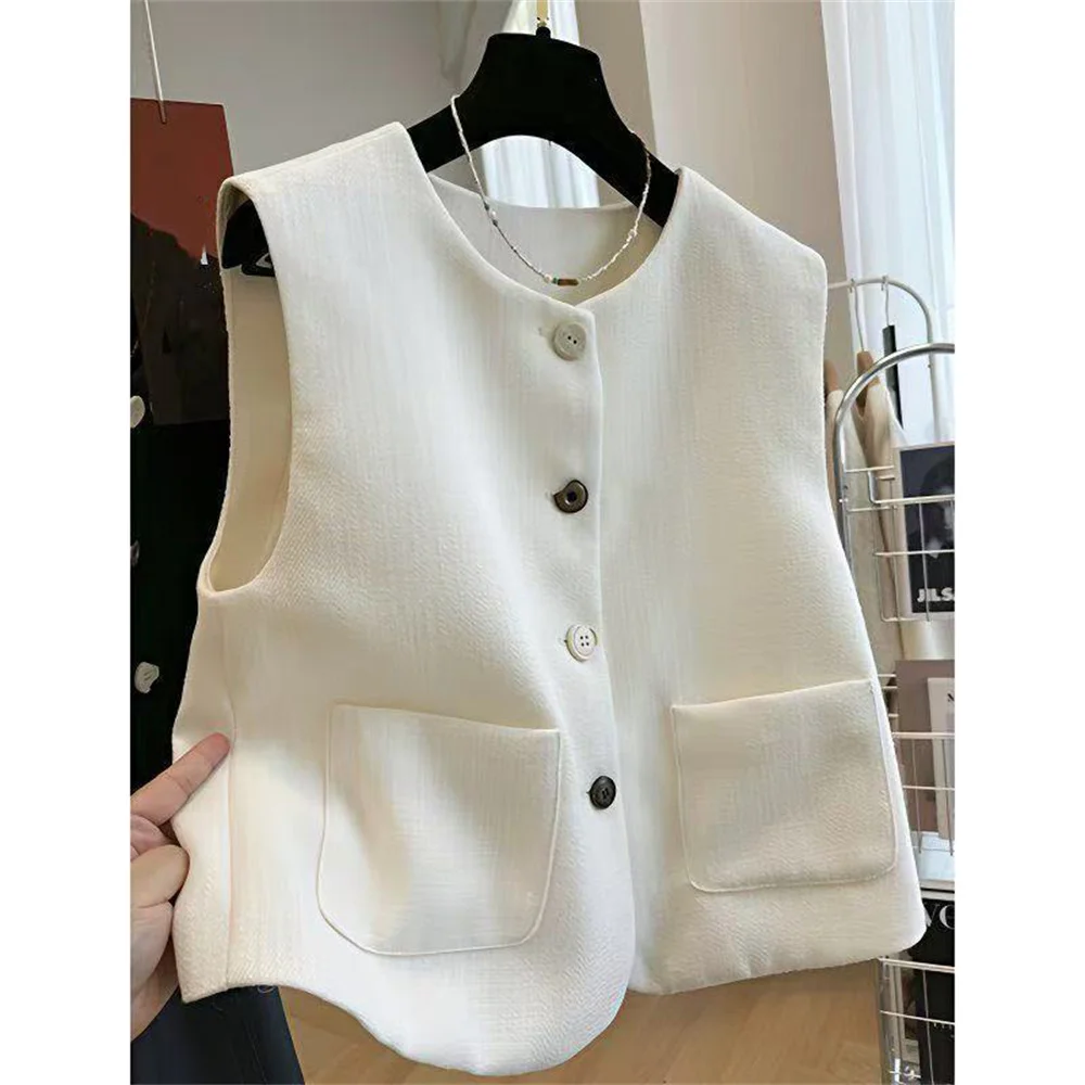 French Style Elegant Korean Casual Sleeveless Vest Top Elegant O Neck Vest Coat Women's Waistcoat Black White Vest