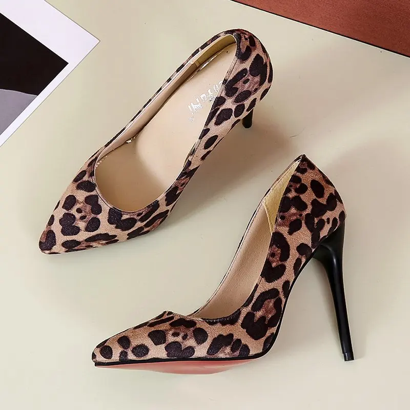 Red Rubber Bottom High Heels Shoes Women Pumps Flock Leopard Print Sexy Stilettos Party Heeled Designer Shoes Plus Big Size  44