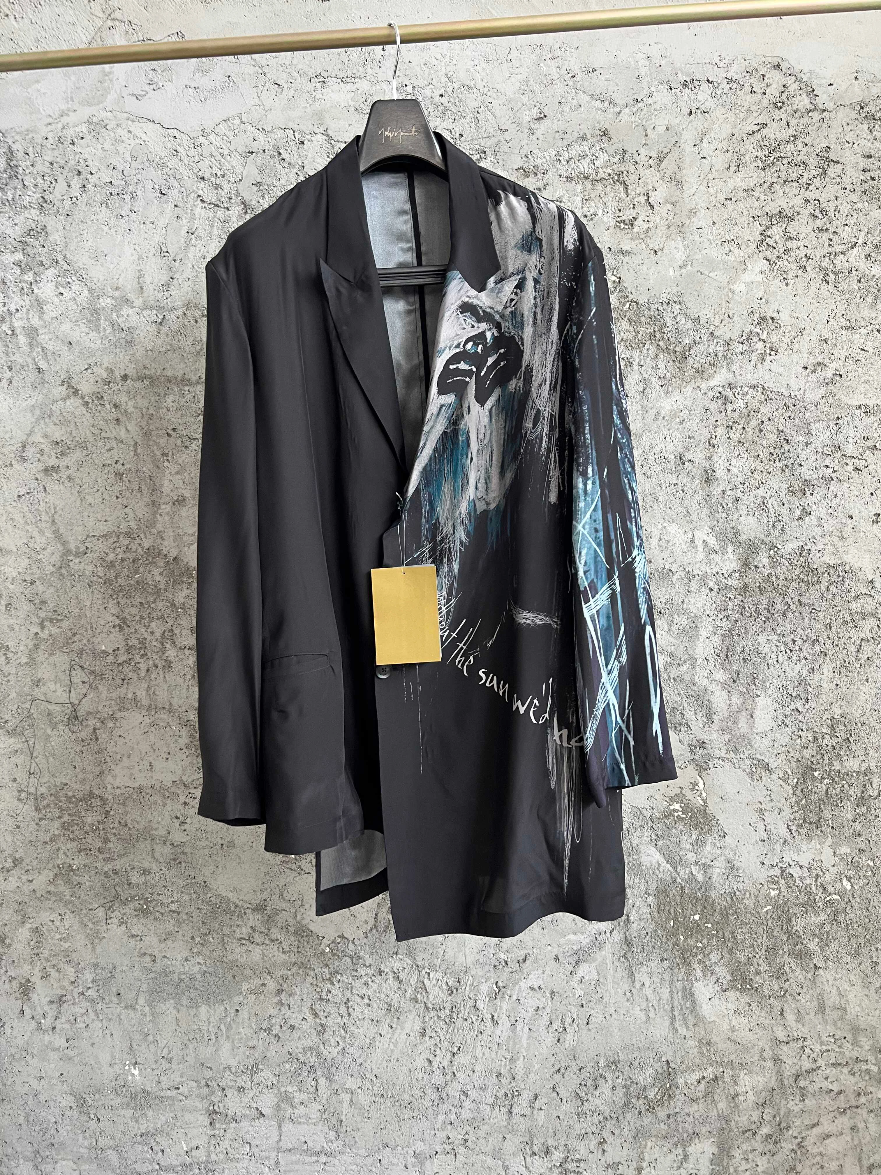 

TOP-YAMAMOTO silk asymmetrical hem printed pattern suit jacket, mid-length jacket with single breasted buttons