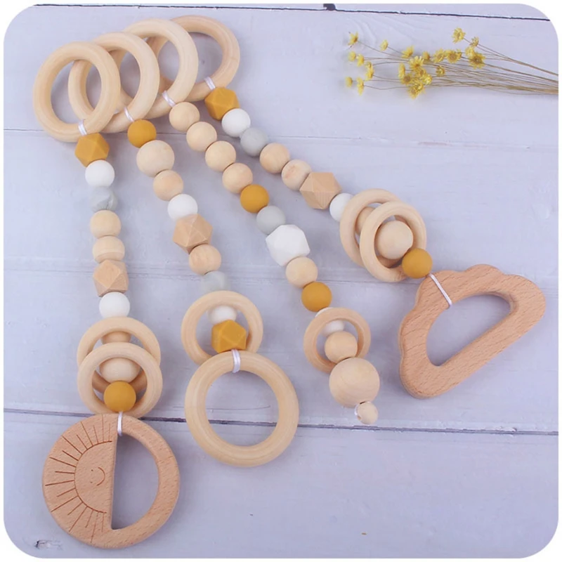 4 Pcs/Set Baby Gym Frame Pendant Beech Wooden Ring Teether Stroller Rattle Infants Newborn Teething Nursing Molar Shower