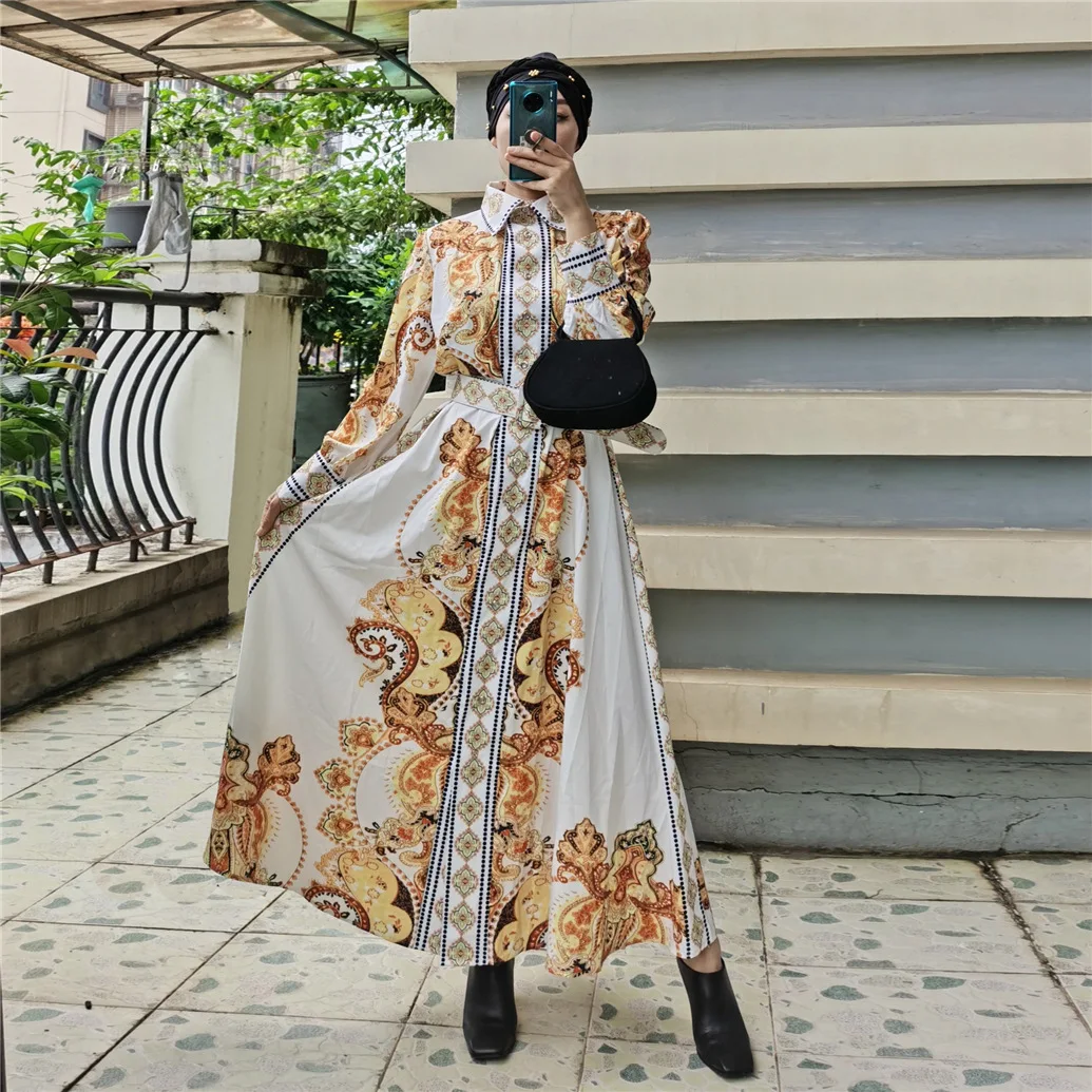 Muslim Dress High Waist Big Swing Full Length Y2K Women's Long Dress Court Vintage Long Sleeve Printed Long Maxi Dress